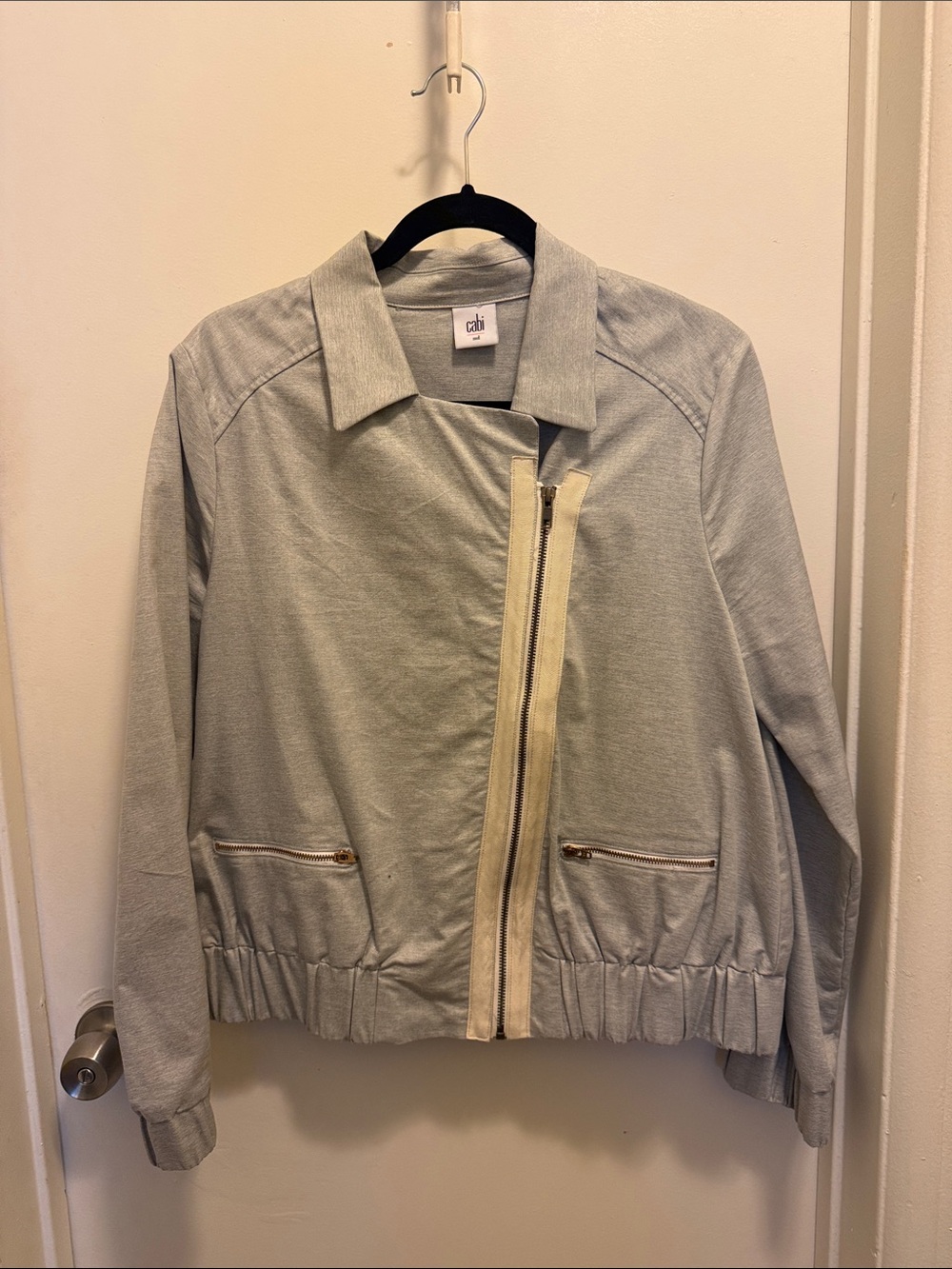CAbi Light Gray Bomber Jacket with Off-White Zip Placket